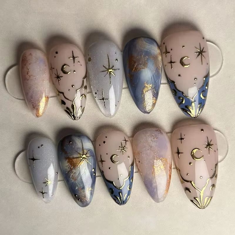 Nail Art Overlay - 24 قطعة مجموعة أظافر اللوز القصيرة