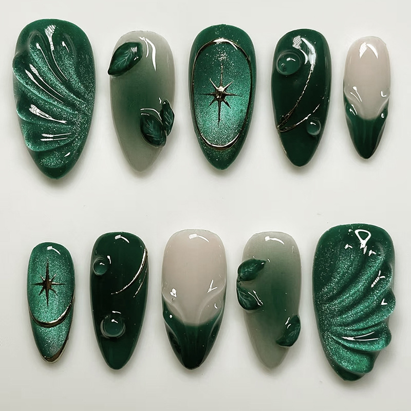 Nail Art Oval - 24 قطعة من الأظافر الاصطناعية الخضراء